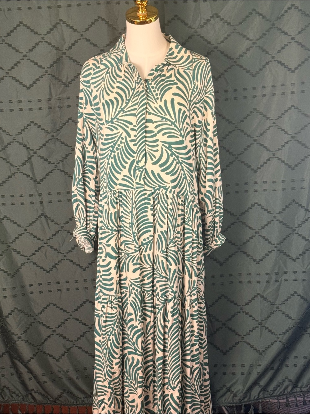 H&M Teal Leaf-Print Tiered Long Sleeve Shirt Dress